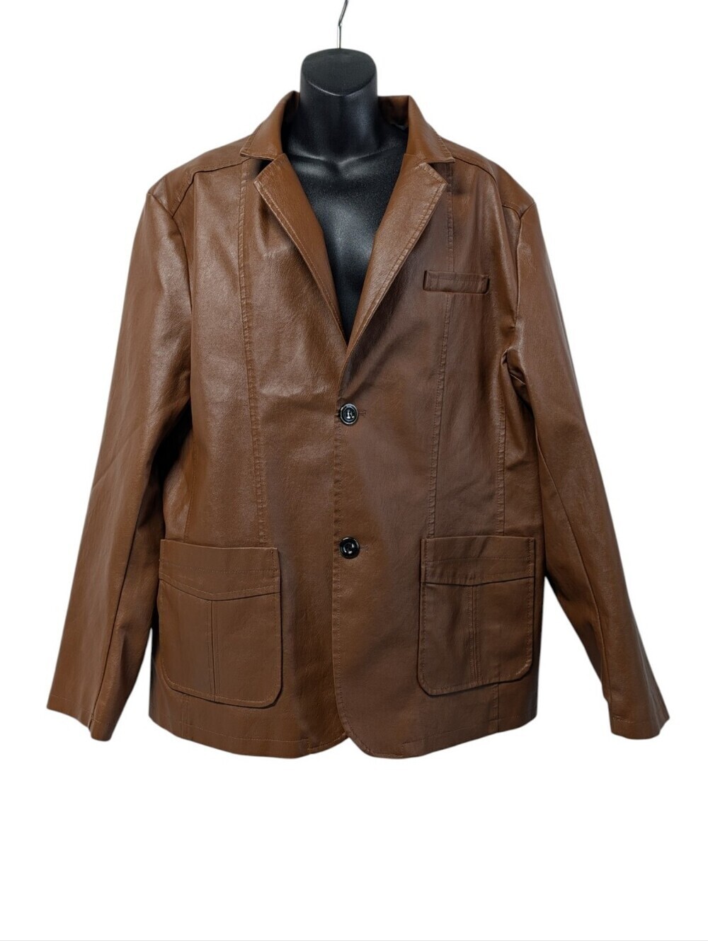 Brown Faux Leather Blazer Jacket Women L Button Front Lined Moto Blazer Pockets
